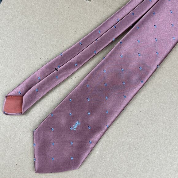 Yves Saint Laurent Tie Men’s 55” x 3” Silk Pink Dots YSL Logo - Picture 1 of 3